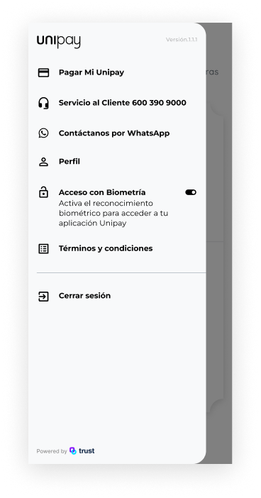 Menú de la aplicación con opción Perfil